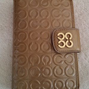 COACH Patent Agenda Journal Planner - Taupe with gold leather interior.